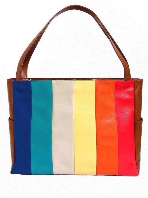 牛革ストライプトートバッグ(キャメル)