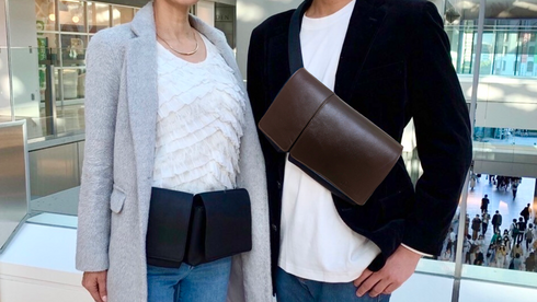 ナイロン × 牛革ボディ&ヒップバッグ(キャメル&ブラック)