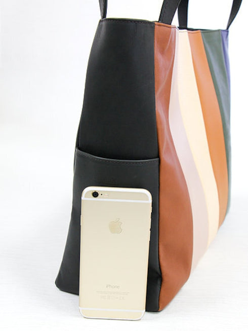 牛革ストライプトートバッグ(カーキ)