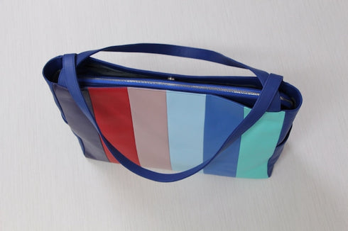 牛革ストライプトートバッグ(ブルー)