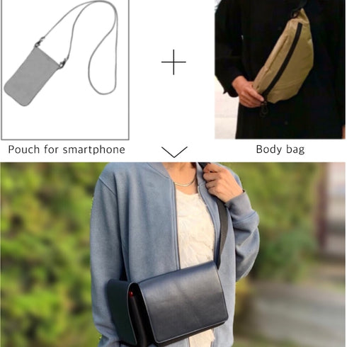 ナイロン × 牛革ボディ&ヒップバッグ(キャメル&ブラック)