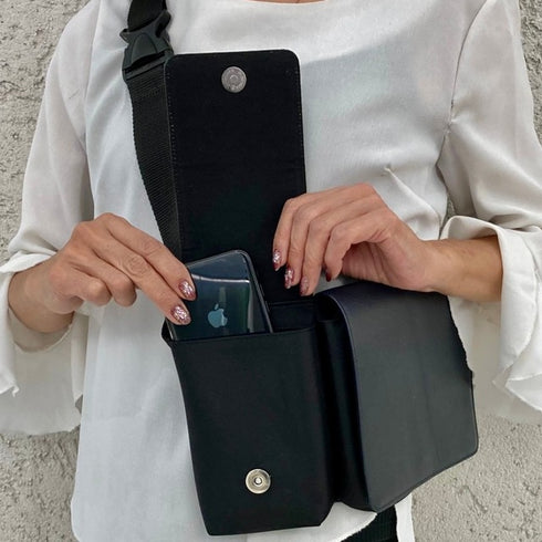 ナイロン × 牛革ボディ&ヒップバッグ(ブラウン&ブラック)