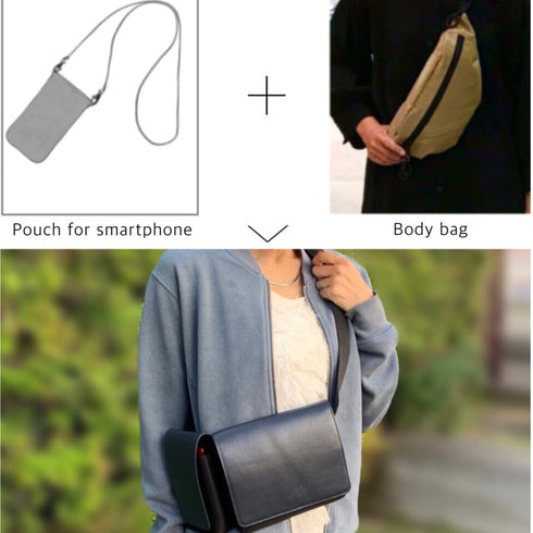 ナイロン × 牛革ボディ&ヒップバッグ(オレンジ&ブラック)