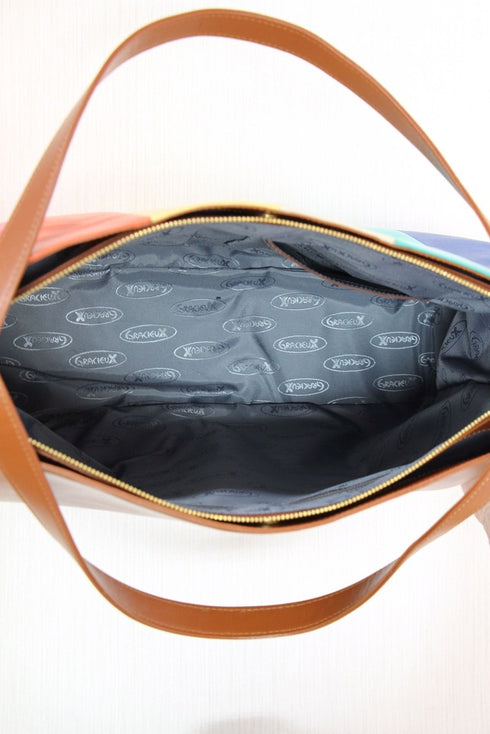 牛革ストライプトートバッグ(キャメル)