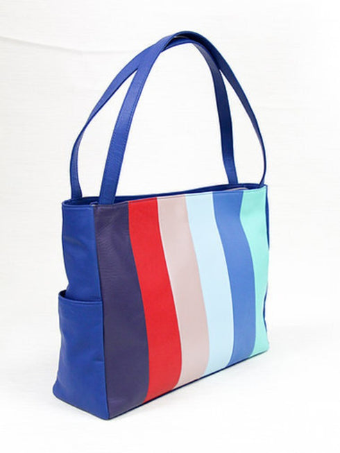 牛革ストライプトートバッグ(ブルー)