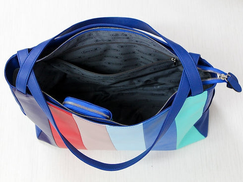 牛革ストライプトートバッグ(ブルー)